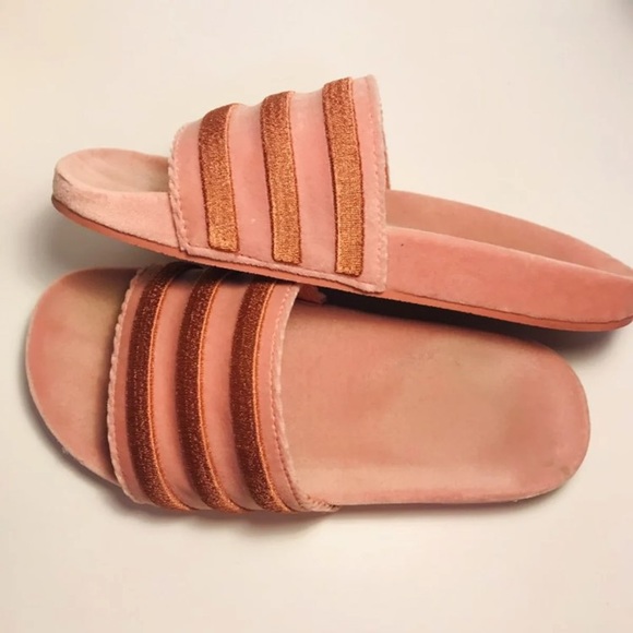 pink velvet adidas slides